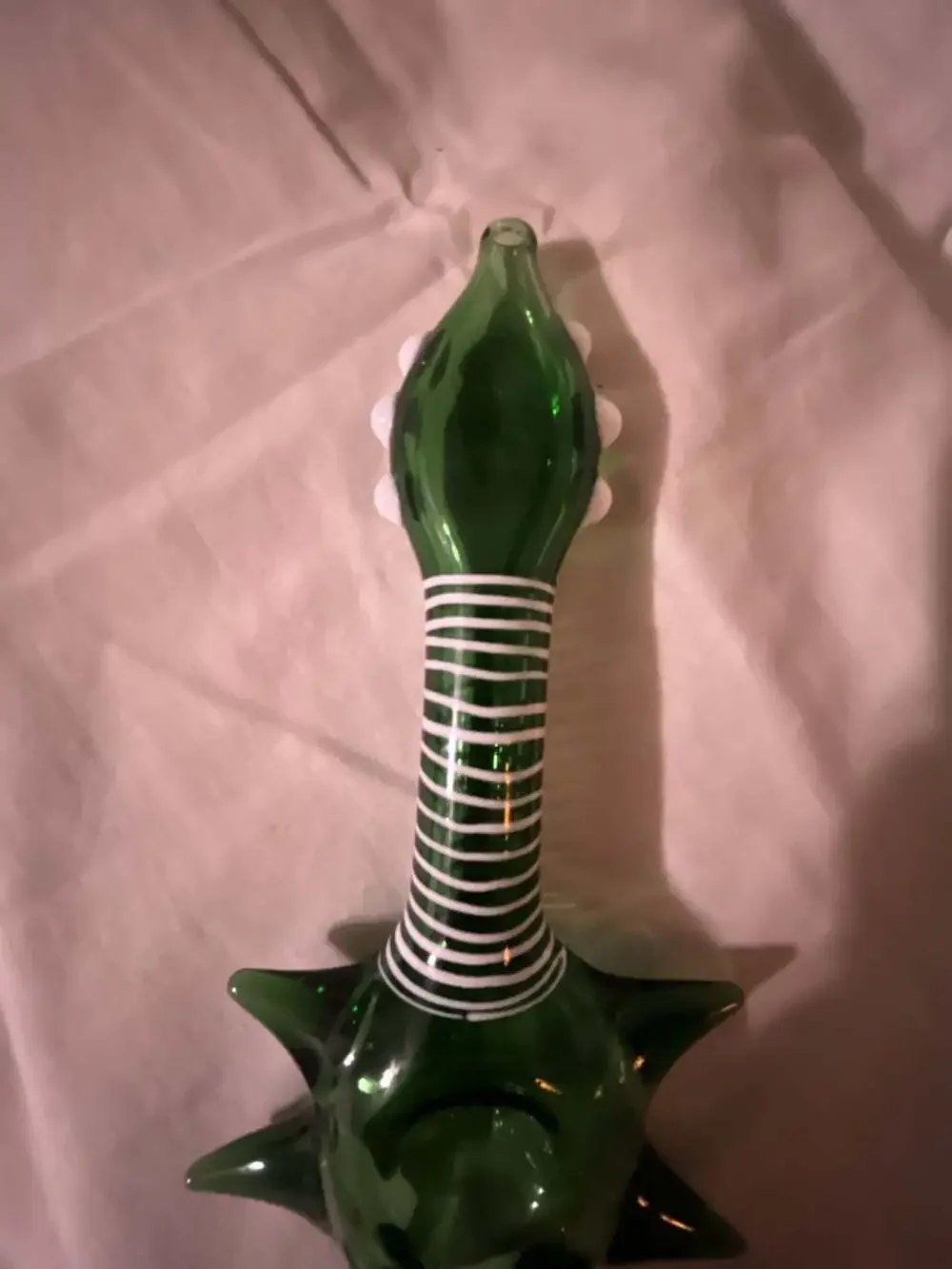 Art Glass Handblown Spiked Green Piece White Striped Stem